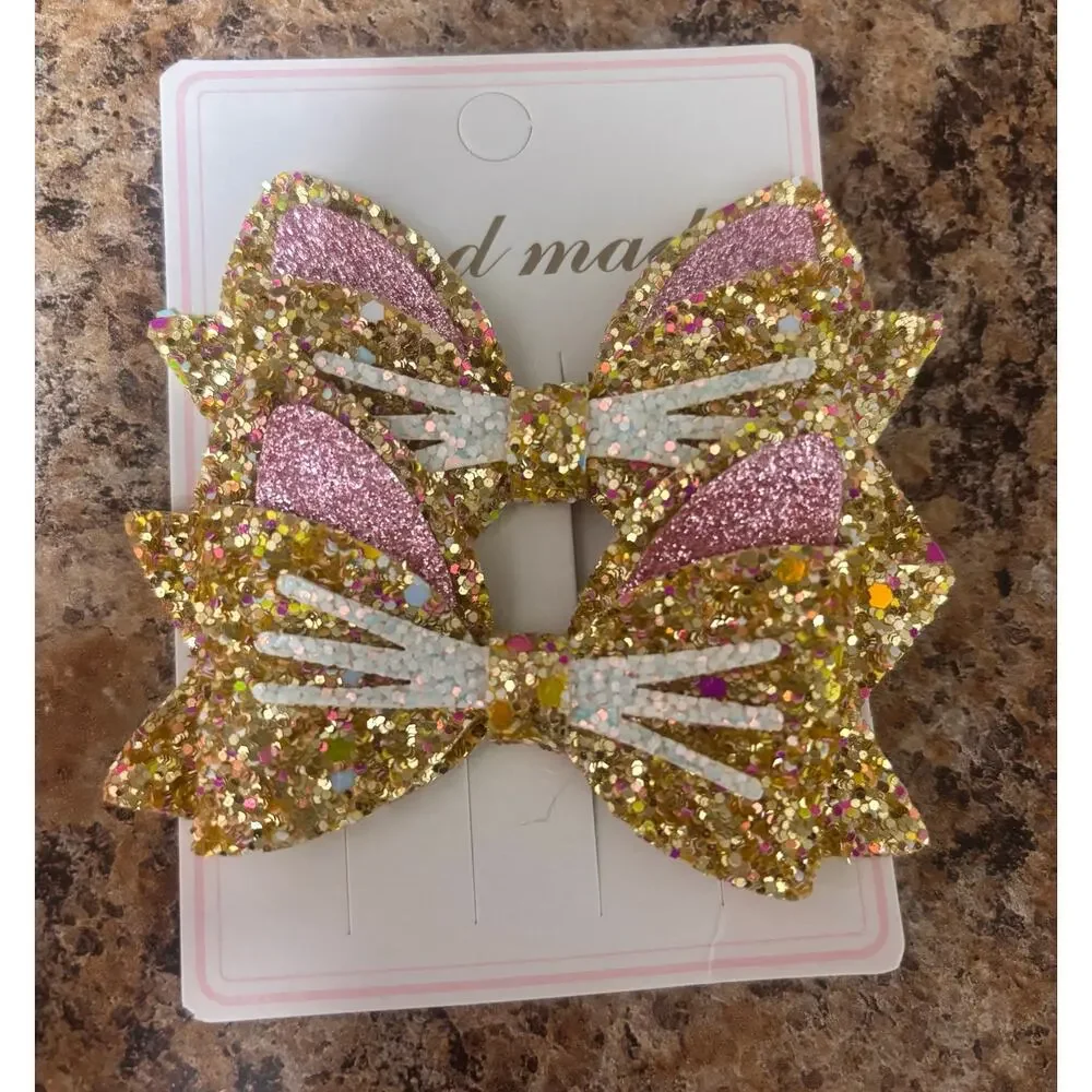2-Pack Girls Glitter Cat Ear Hair Bows Gold Pink Sparkly Clips